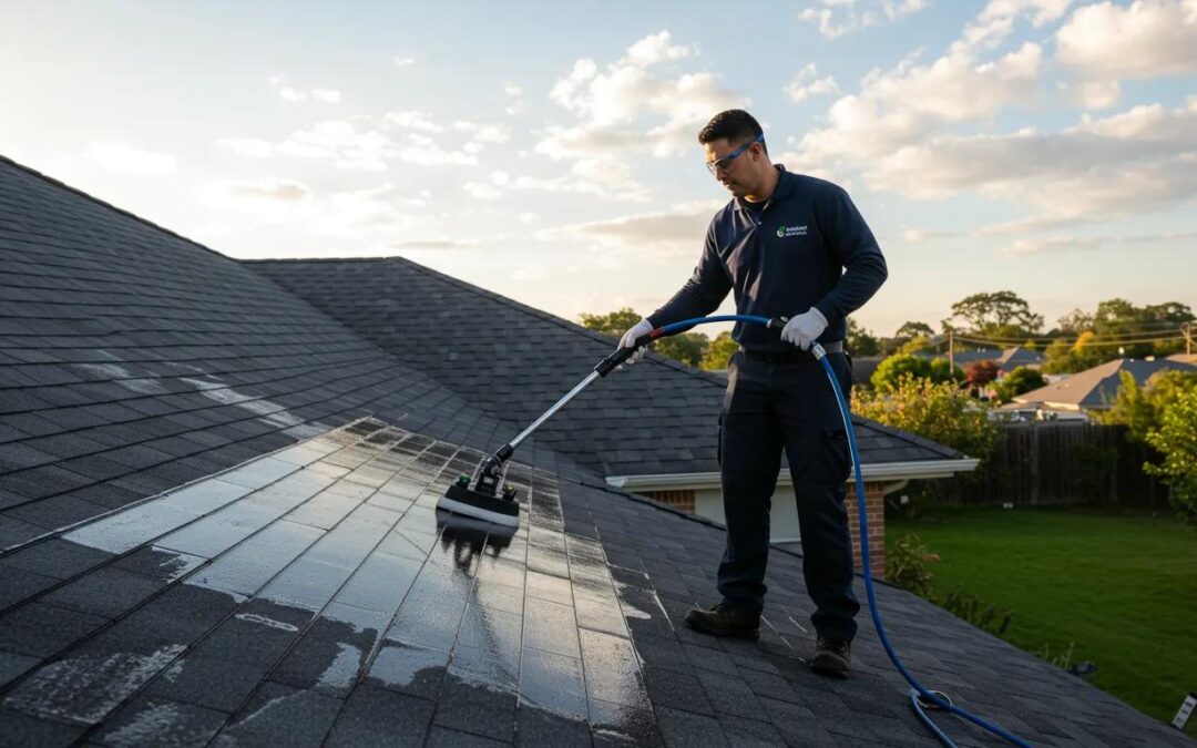 Professional cleaning technician using soft wash equipment on a residential roof to remove algae and stains, emphasizing eco-friendly roof cleaning solutions.