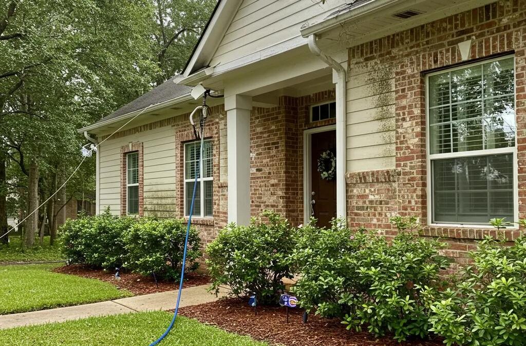Professional soft washing service in Baton Rouge removing algae and mold from a home's exterior, showcasing clean siding and landscaping.