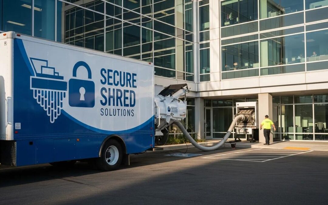 Mobile document shredding truck parked outside an office building, highlighting secure on‑site document destruction