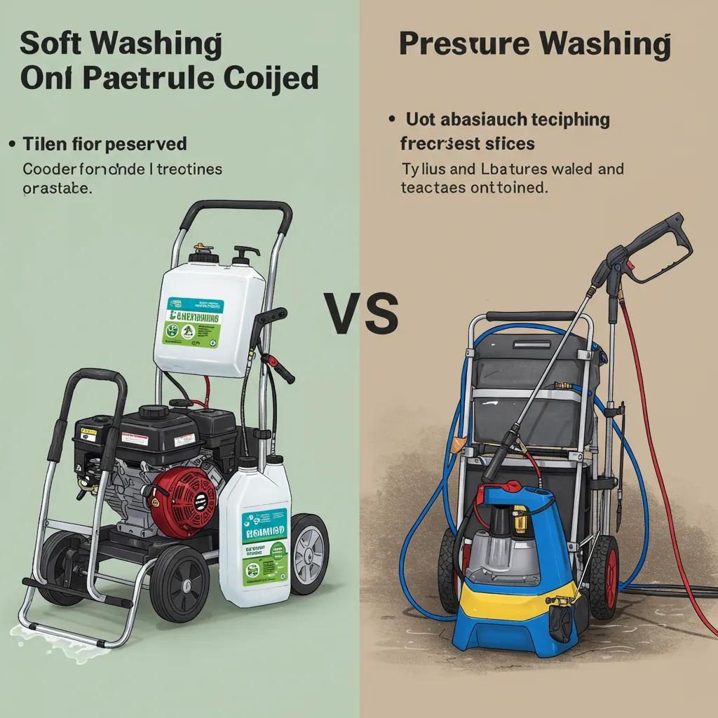 Comparison of soft washing and pressure washing techniques for commercial cleaning, highlighting their differences
