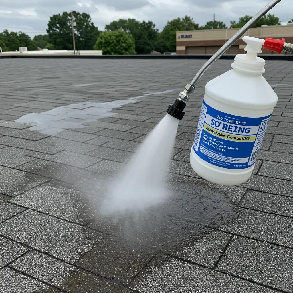 Technician applying biodegradable cleaning agents during soft wash roof cleaning process
