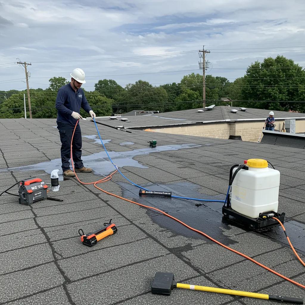 Technician performing pre-cleaning assessment on a commercial roof in Baton Rouge